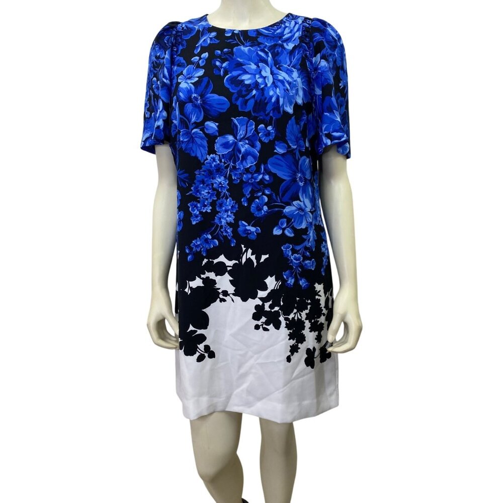Ann Taylor Floral Blue &‎ Black Short Sleeve A-Line Dress size 4